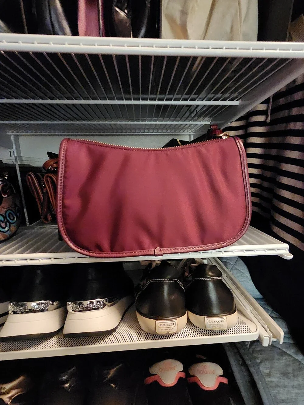 Coach Wine Color Swinger Bag In Nylon With Leather Trim.
